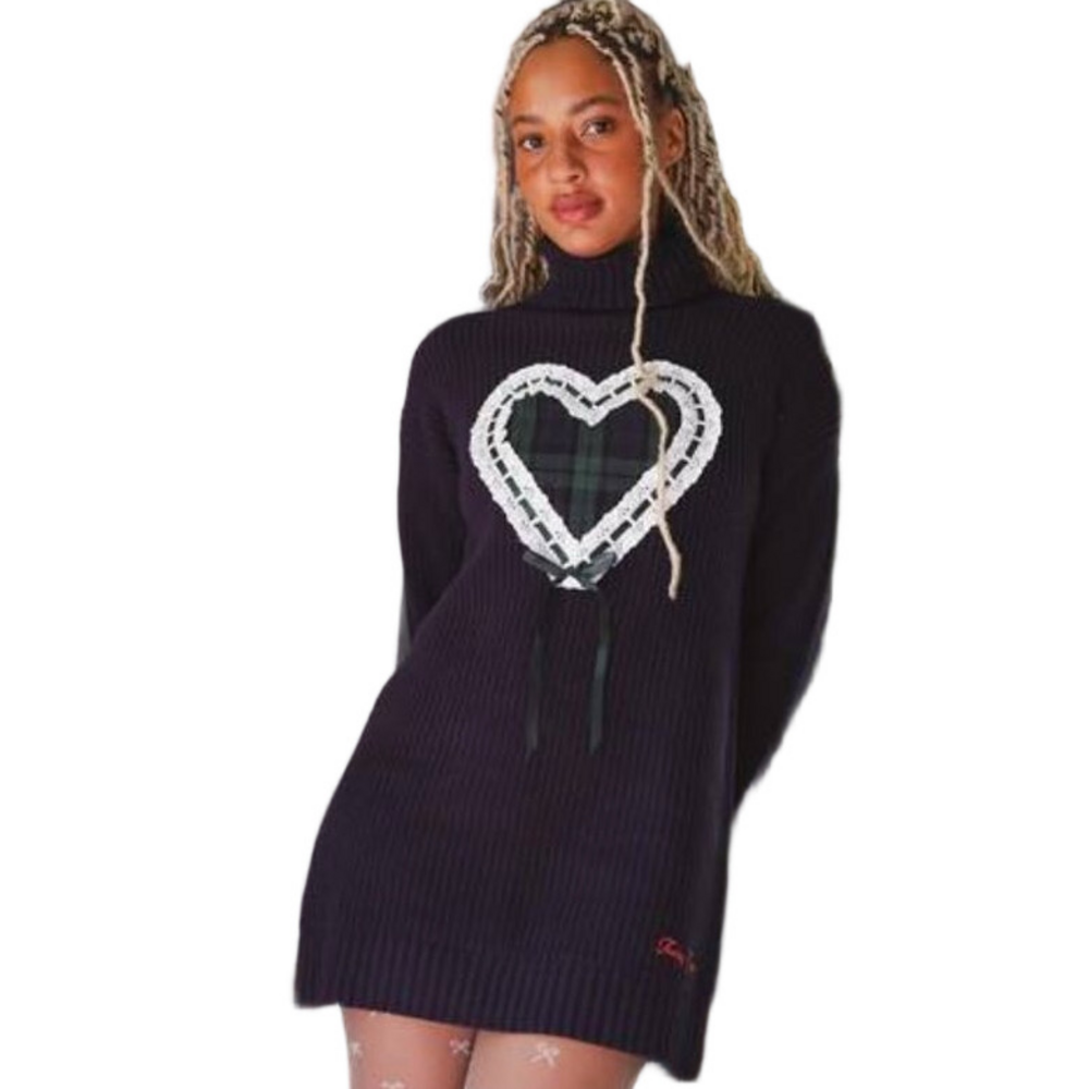 NEW TEDDY FRESH Women's Sweater Dress Knit Laced Up Size S/M Navy